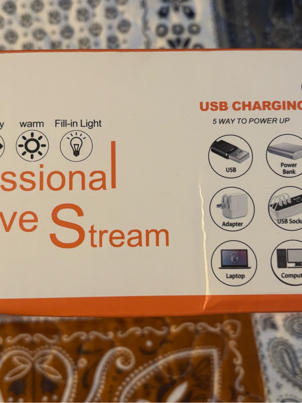 USB Charging Professional Live Stream Ring Light - White and Orange